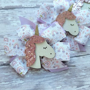 Glitter Unicorn hairbow, Unicorn birthday outfit hair accessory, Purple Unicorn hair clip for girls, Unicorn and rainbow party favor