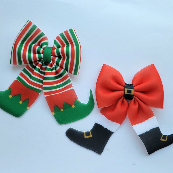 Santa or Elf hair bow, Girls holiday hair accessories, Neoprene bows, Christmas photo accessories, Fun festive red and green barrettes