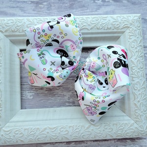 Panda bubble tea bow, Big hairbow for girls,  Boba bubbles hair clip, Panda birthday party hair accessory