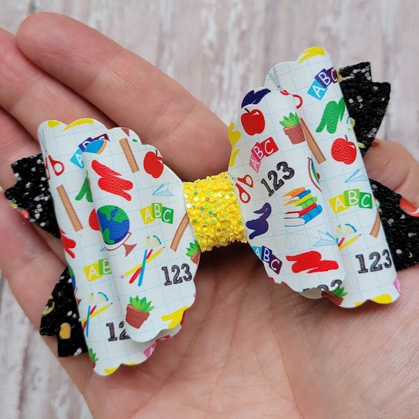 4 inch back to school hairbow, Back to school bow, ABC hairbow, School themed hairbow, Faux leather hair bow, Back to school hair clip