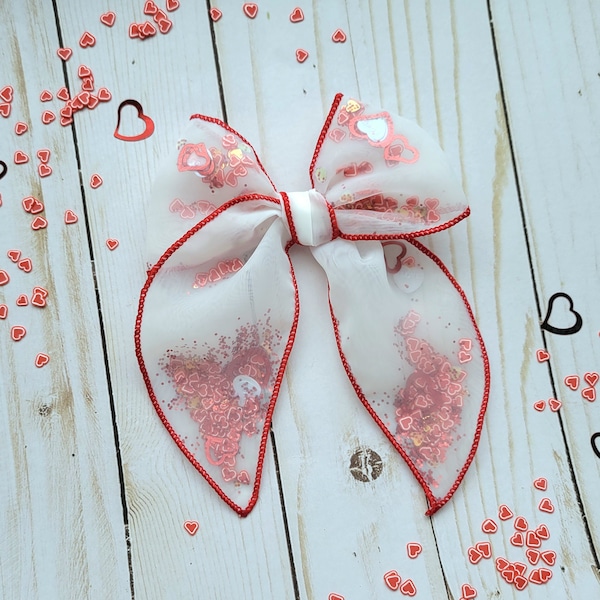 Heart shaker bow, Valentine's confetti shaker hairbow, Sheer filled fable style bow for girls, Valentine's hair accessory