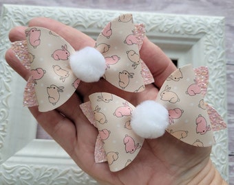 Bunny pigtail hairbows, Pigtail bow set, Easter hairbows, Pigtail bows for Easter, Pink and beige bows, Toddler girl gift, Toddler hairbows