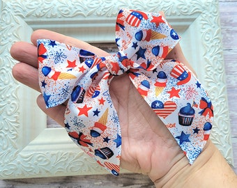 USA hairbow for 4th of July, Patriotic summer hairbow, Hand tied fabric bow for girls, Red white and blue hair barrette, American flag bow
