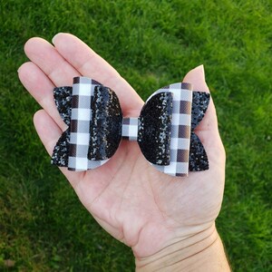 Red and black buffalo plaid hairbow, Black and white Buffalo plaid hairbow, Plaid hairbow, Faux leather bow, Glitter hairbow, Toddler bow image 7