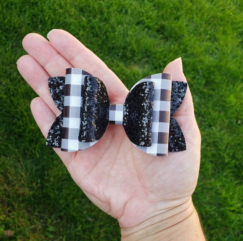 Red and black buffalo plaid hairbow, Black and white Buffalo plaid hairbow, Plaid hairbow, Faux leather bow, Glitter hairbow, Toddler bow image 7