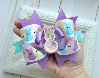 Bunny shaker hairbow, Easter confetti shaker hair clip, Pastel bunny bow for little girls, Grosgrain ribbon hair bow with bunnies