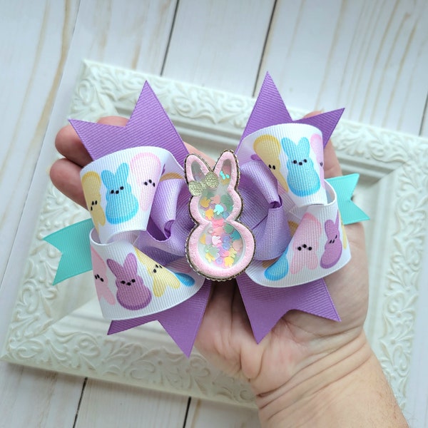 Bunny shaker hairbow, Easter confetti shaker hair clip, Pastel bunny bow for little girls, Grosgrain ribbon hair bow with bunnies