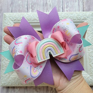 Pastel rainbow hairbow, Rainbow hair bow, Pastel hairbow, Girls birthday gift, Boutique hairbow, Rainbow hair clip, Pink and white hairbow
