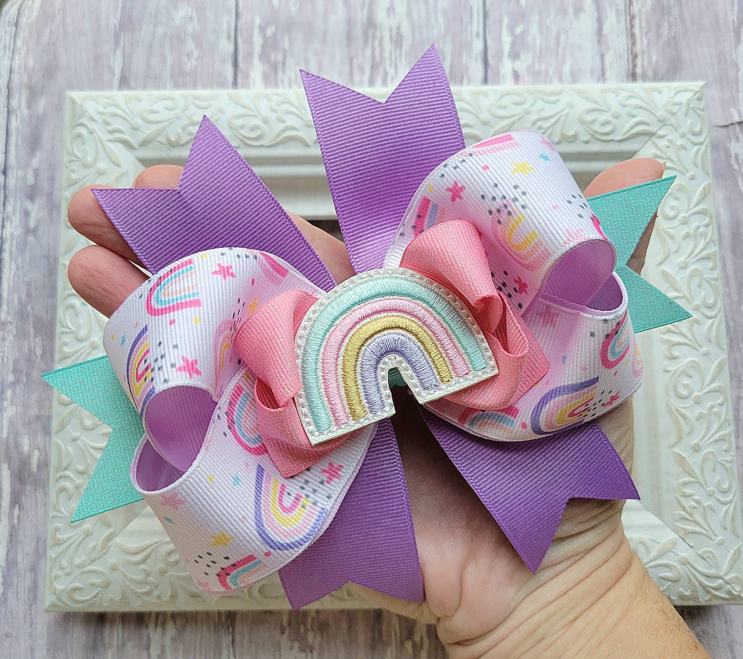 Pastel Rainbow Bow, rainbow hairbow in ombre pastel ribbon choose 4-5 or  6-7