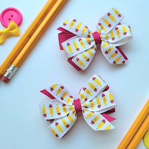 Pencil pigtail bows, Pink and yellow pigtail hairbows for girls, Toddler preschool hairbows, Back to school hair clips for Kindergarten