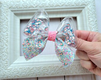 Rainbow shaker bow, Pink and blue confetti shaker hairbow, Clouds and rainbows sailor style bow, Sparkle glitter hair clip for girls