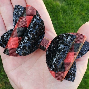 Red and black buffalo plaid hairbow, Black and white Buffalo plaid hairbow, Plaid hairbow, Faux leather bow, Glitter hairbow, Toddler bow image 1