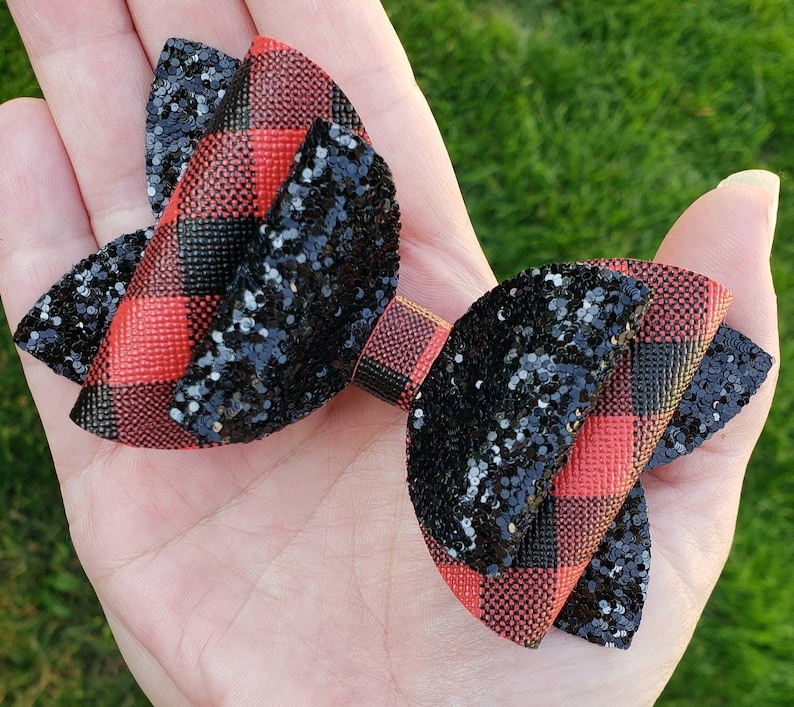 Red and black buffalo plaid hairbow, Black and white Buffalo plaid hairbow, Plaid hairbow, Faux leather bow, Glitter hairbow, Toddler bow image 1