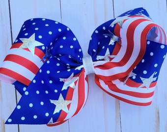 Jumbo stars and stripes patriotic 4th of July hair bow on clip