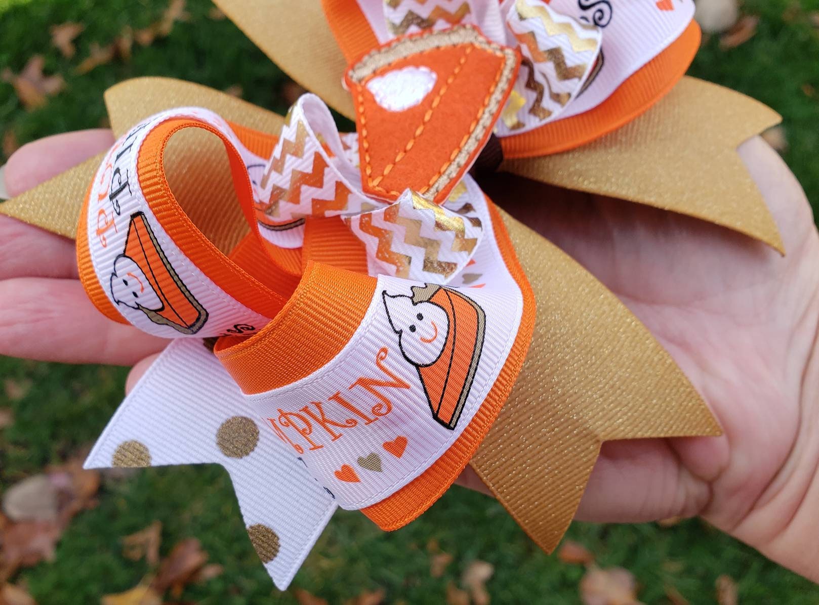 Pumpkin Pie Slice Embroidered Hair Bow 5.5