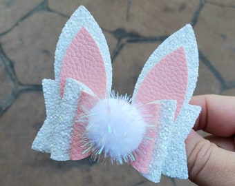 Easter bunny bow,Bunny hairbow, Bunny ears bow,Bunny ears hair clip,White glitter hair bow,Easter hairbow,Girls gift,Easter Toddler hairbow