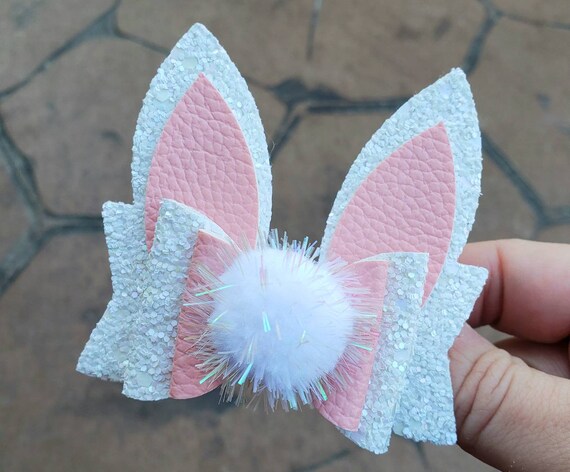 Easter bunny bow,Bunny hairbow, Bunny ears bow,Bunny ears hair clip,White glitter hair bow,Easter hairbow,Girls gift,Easter Toddler hairbow