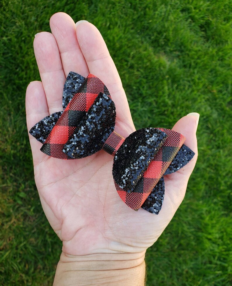 Red and black buffalo plaid hairbow, Black and white Buffalo plaid hairbow, Plaid hairbow, Faux leather bow, Glitter hairbow, Toddler bow image 6