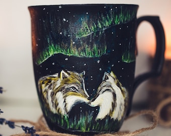 手描き磁器コーヒーマグ：オオカミ、オーロラ、星空