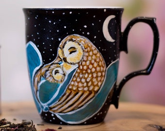 Nouvelle maman tasse d’emballage bébé, idées cadeaux de grossesse pour baby shower, maman à être mug, poterie en céramique avec hibou et bébé. Cadeau de mari à femme