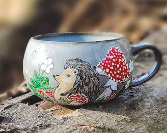 Hedgehog tumbler, cute mug forest, mushroom mug for gift, cottage core custom mug, wild strawberries coffee mug, fantasy witch pottery mug