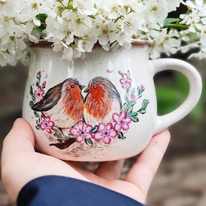 Hand-Painted Love Birds Mug: Cherry Blossom Cottagecore Teacup