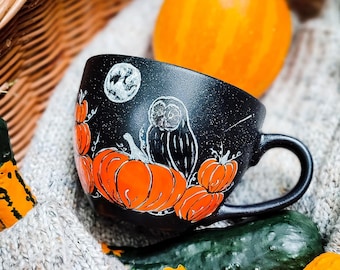 Owl magic pumpkin mug, Pumpkin halloween mug for witches brew, spooky season witchy woman gift, large soup mug, witch herbs box, cottagecore