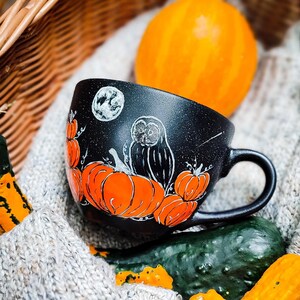 Taza de calabaza mágica de búho, taza de calabaza de Halloween para cerveza de brujas, regalo de mujer bruja de temporada espeluznante, taza de sopa grande, caja de hierbas de bruja, cottagecore