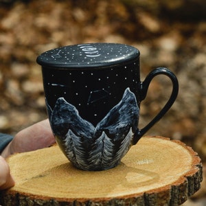 campfire mug porcelain with mountains, ceramic mug with lid, custom tea mug for nature decor and loose leaf tea, travel mug gift, moon phase image 1