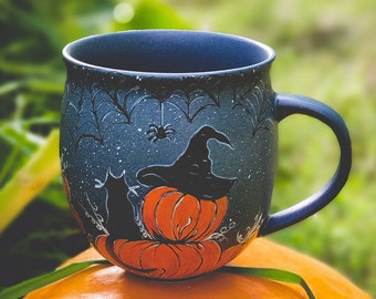 Witch Cat Pumpkin Mug: Vintage Halloween Pottery, Fall Gift