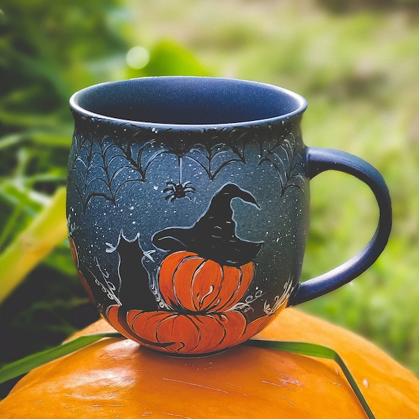 Pumpkin mug, witch cat mug for coffee, vintage halloween mug, witch cauldron witchy woman gift, witch herbs ideas pottery mug, fall mug gift