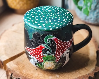 Frog mug for herbal tea, Mushroom mug whimsical cottagecore gift ideas for witchy woman, Fairy forest mug personalized, custom coffee mug