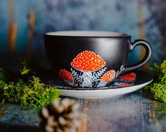 Amanita mushroom mug. Mushrooms teacup with saucer, Magical cottagecor decor ideas, Customizable coffeecup with forest, witchy woman gift