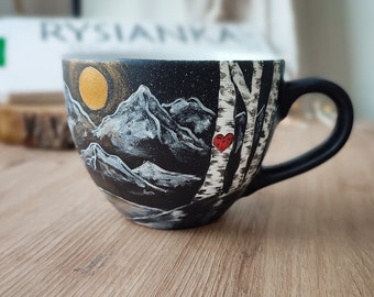 Retro mountain mug for couple, heart of lovers on birch tree, Nature lovers gift, campfire mug for coffee, Large herbal tea mug custom