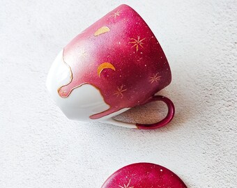 Moon Phases Mug with Lid: Galaxy Cottagecore Tea Mug