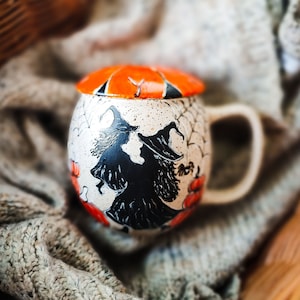 Witch daughter mug, pumpkin mug, Halloween mug gift for witchy women, Witch herbs mug with lid, black cat mug, witch cauldron cottagecore