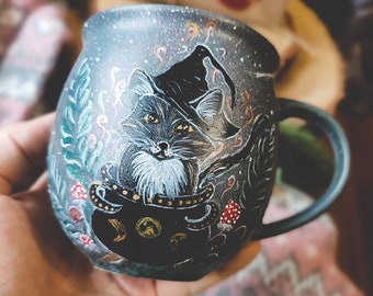 Witchy black cat mug, witch cauldron witchy woman gift, witch herbs ideas pottery mug, cottagecore mushroom mug, fairy custom mug for gift