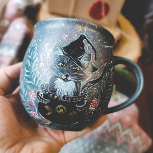 Witchy black cat mug, witch cauldron witchy woman gift, witch herbs ideas pottery mug, cottagecore mushroom mug, fairy custom mug for gift
