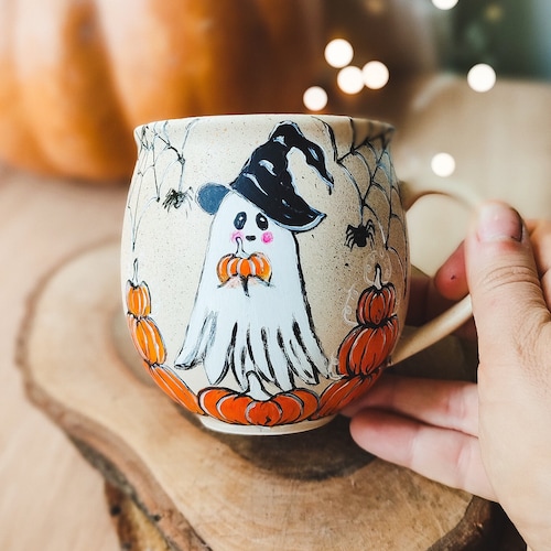 Hand-painted Ghost Pumpkin Mug: Witchy Halloween Pottery - Etsy