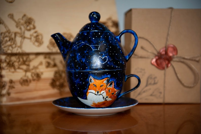 Fox Tea for One Set Cup Saucer Teapot Cozy Galaxy Painted Etsy