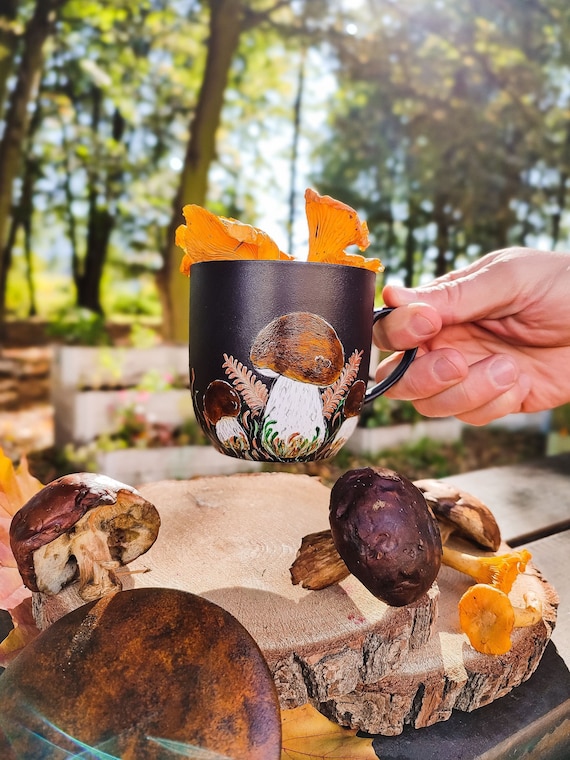 Hand-Painted Bolete Mushroom Mug: Witchy Tea Mug with Infuser