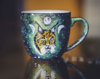 Lynx Coffee Mug: Witchy Moon Phases Art, Forest Animal Cup