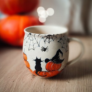 Pumpkin mug, witch cat mug for coffee, vintage Halloween mug, witch cauldron witchy woman gift, witch herbs ideas pottery mug, spooky season