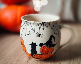Hand-Painted Pumpkin & Witch Cat Halloween Mug: Spooky Season Coffee Mug