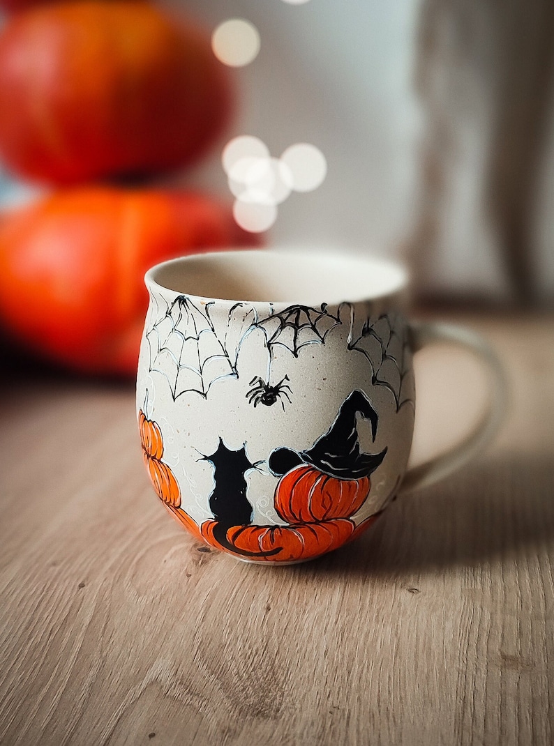 Pumpkin mug, witch cat mug for coffee, vintage Halloween mug, witch cauldron witchy woman gift, witch herbs ideas pottery mug, spooky season image 1