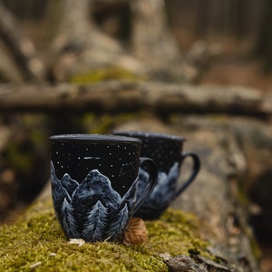 campfire mug porcelain with mountains, ceramic mug with lid, custom tea mug for nature decor and loose leaf tea, travel mug gift, moon phase image 6