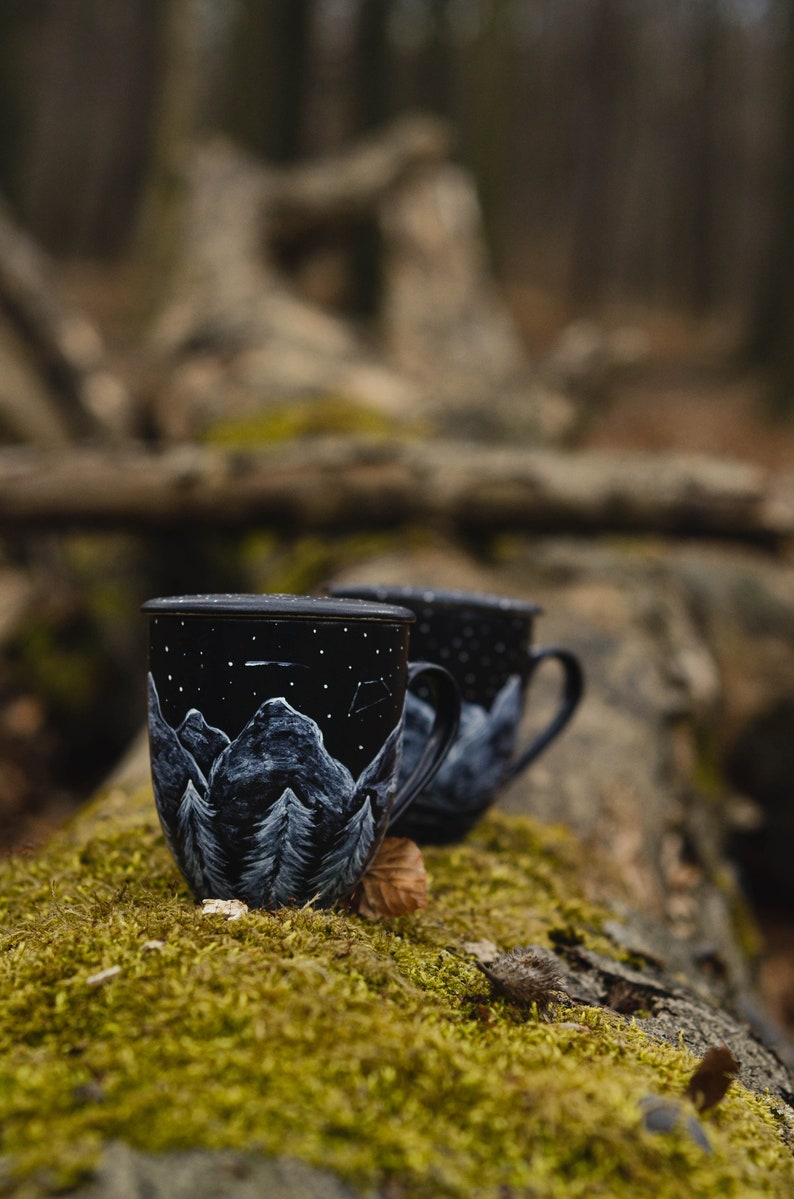 campfire mug porcelain with mountains, ceramic mug with lid, custom tea mug for nature decor and loose leaf tea, travel mug gift, moon phase image 6