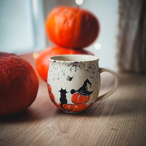 Pumpkin mug, Halloween mug, cottagecore decor, witchy woman gift, spider web decor