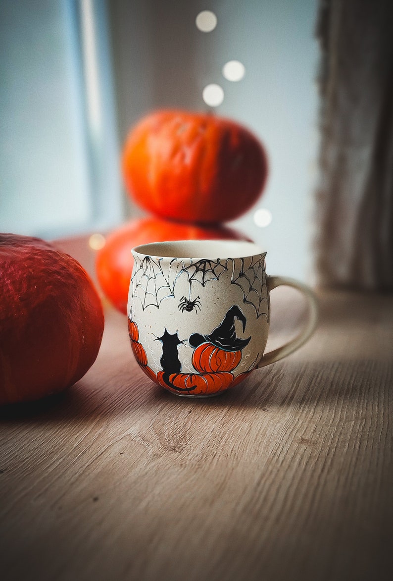 Pumpkin mug, Halloween mug, cottagecore decor, witchy woman gift, spider web decor