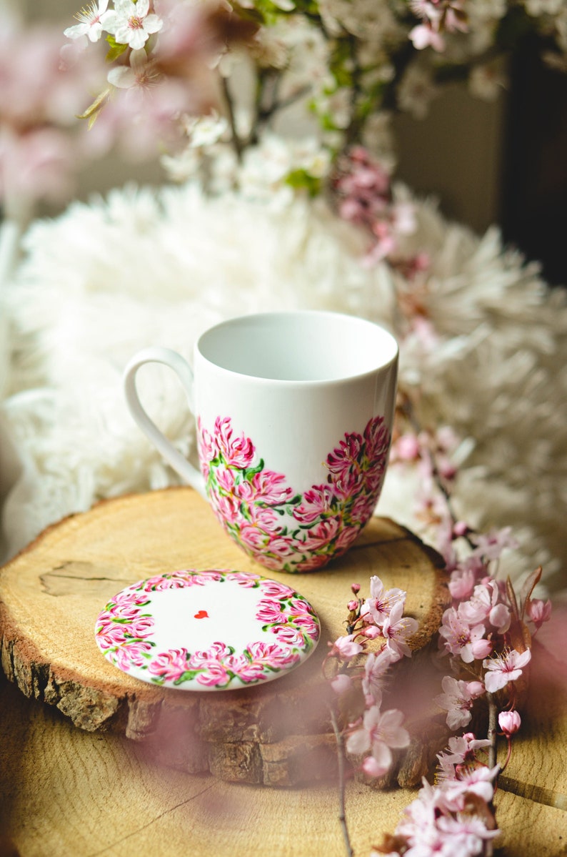 Plant mug with lid, customizable mug, magnolia mug for loose leaf tea, mother daughter mug ideas, Mother in law wedding gift, plant mom gift image 6